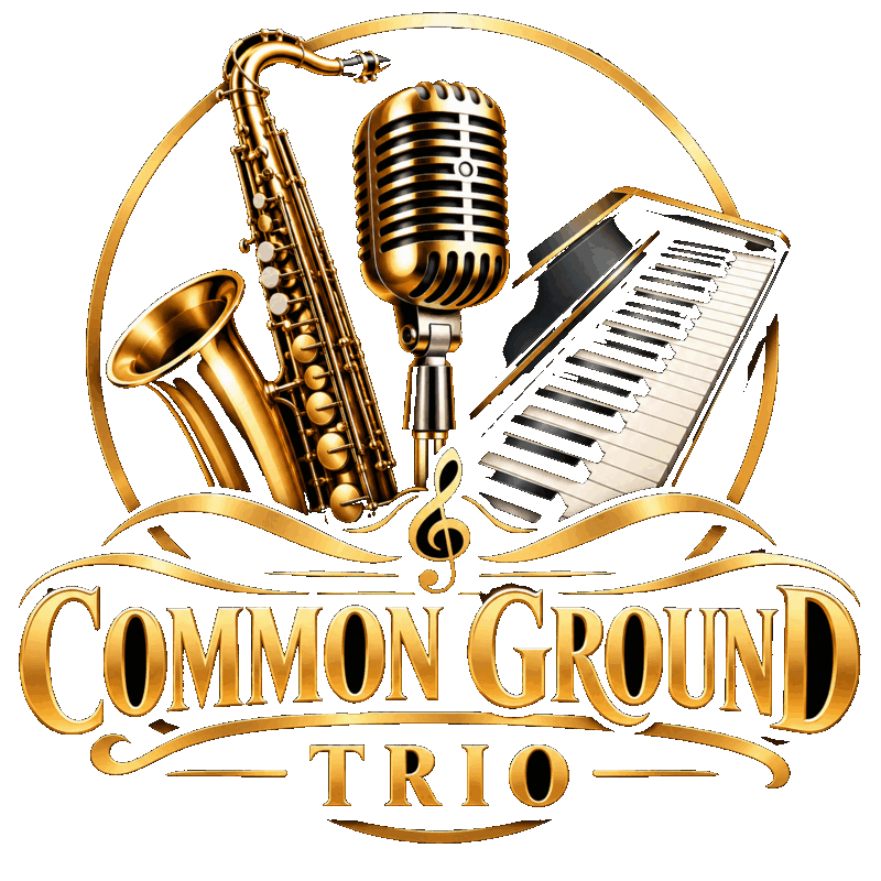 Common Ground Trio logo — saxophone, microphone and keyboard in gold